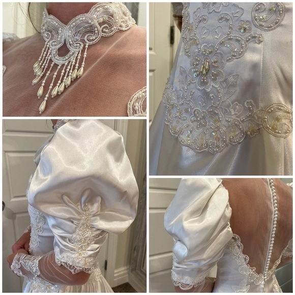 80S Lace Beaded Puff & Long Sleeved Winter White Wedding Gown Long Train & Veil - Picture 13 of 17